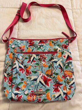Floral Blue Crossbody Bag with Pink Strap